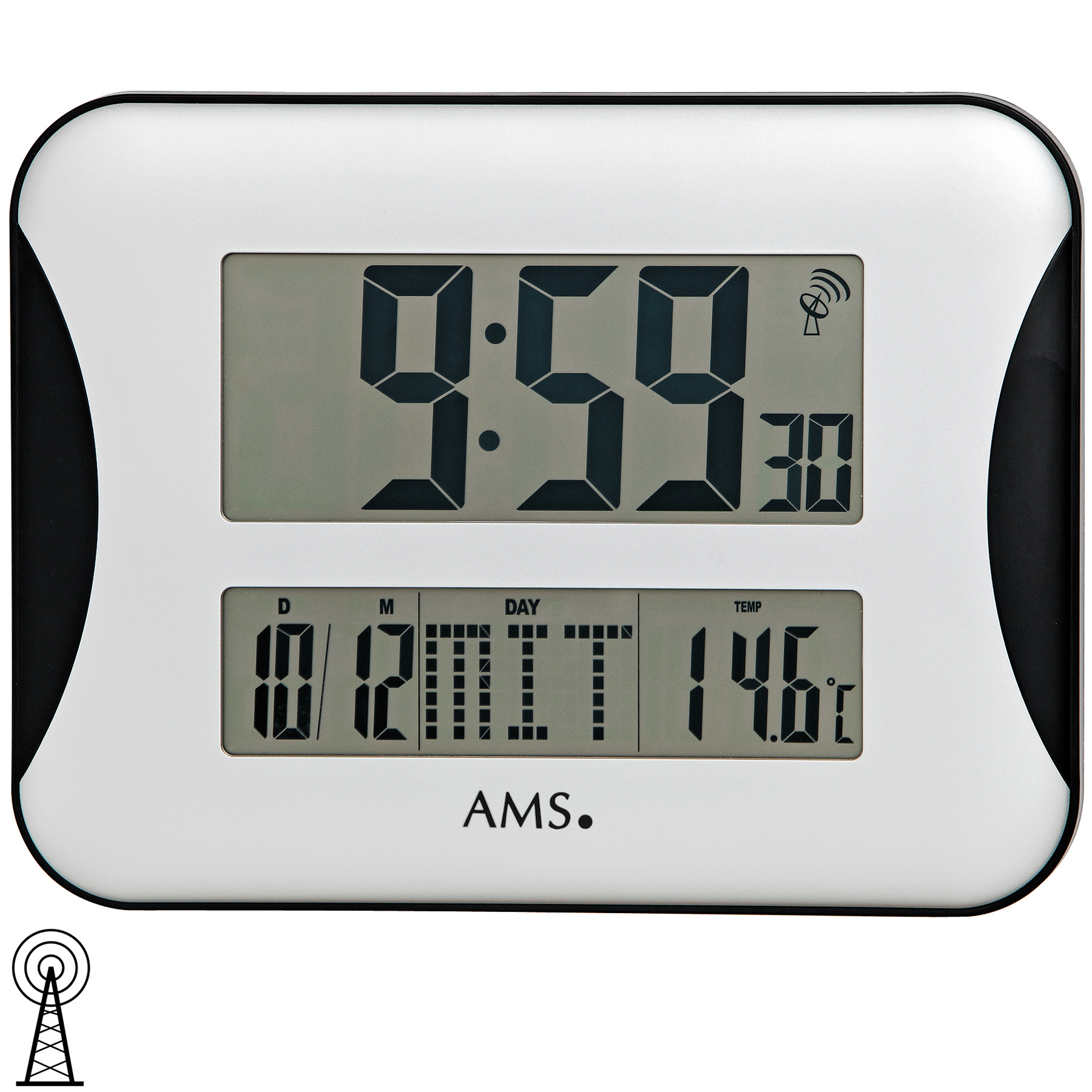 AMS 5894 Wanduhr Tischuhr Funk digital mit Datum Thermometer Weckfunktion Wecker 
